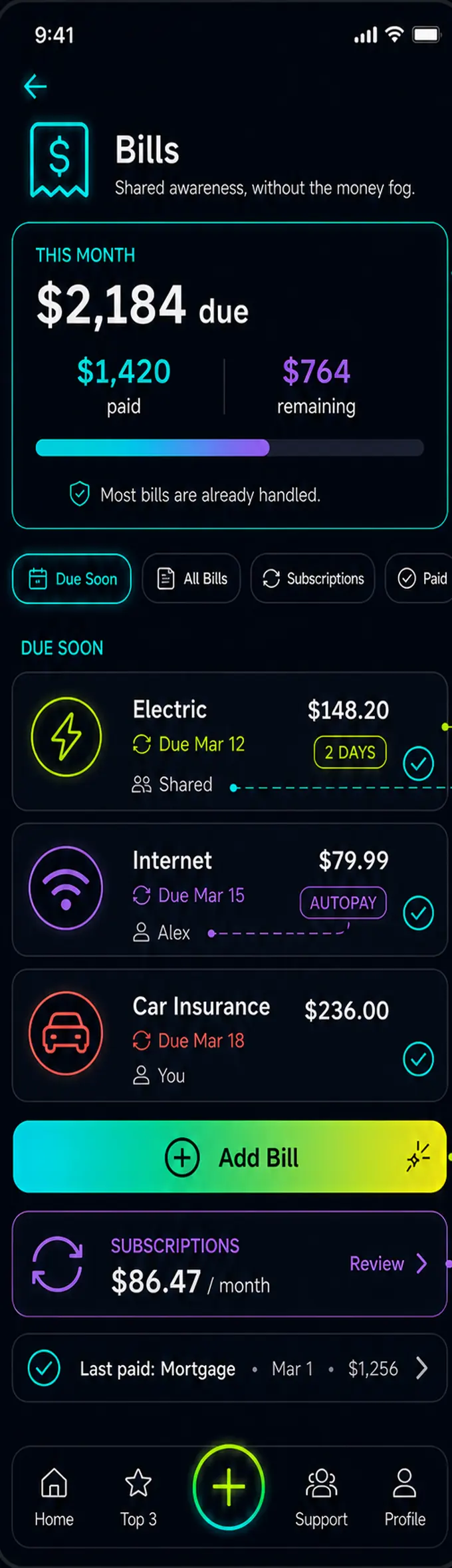 Bills screen: a monthly total showing amount paid and remaining, filters for due soon and subscriptions, three upcoming bills with owners, and a monthly subscription total.