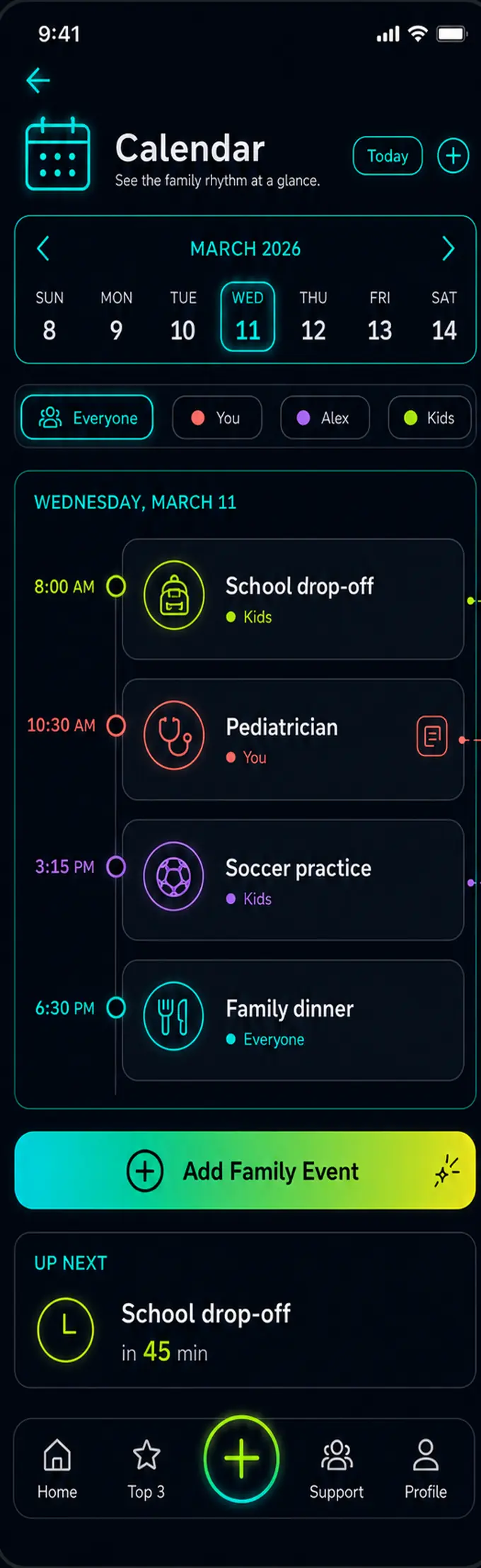 Calendar screen: a single-week strip for March, per-person filters, a colour-coded daily timeline, and an up-next card counting down 45 minutes.