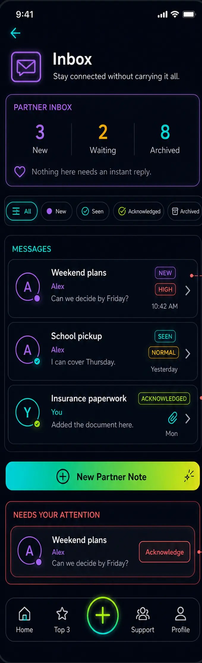 Inbox screen: partner inbox counts for new, waiting and archived, status filters, three messages with priority labels, and an item needing acknowledgement.