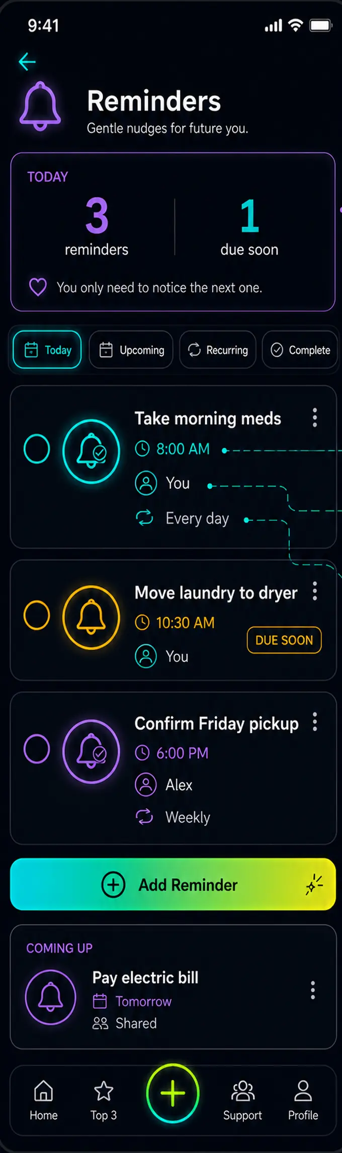 Reminders screen: today's count, filters for today, upcoming, recurring and complete, and three reminders with times, owners and recurrence.