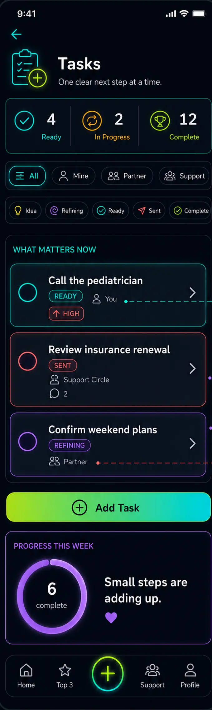 Tasks screen: a snapshot of ready, in-progress and complete counts, filters by person and workflow stage, and three task cards showing assignment and priority.